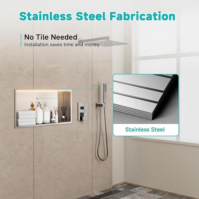 Stainless Steel Shower Niche with LED Lights 12" x 24" Recessed Wall Niche, No Tile Needed Bathroom Storage Shelf (Brushed)