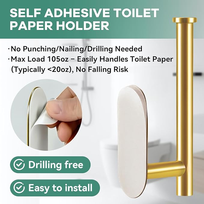 2 Pack Gold Toilet Paper Holder Self Adhesive no Drilling Wall Mount SUS304 Stainless Steel Rustproof Toilet Roll Holder for Bathroom, Washroom