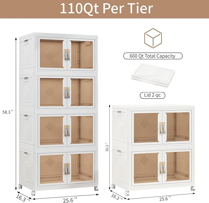 Large Stackable Storage Bins with 2 Lids, 660QT-110QT*6Tier Foldable Cabinet for Closet Organizers, Plastic Storage Containers Box with Wheels