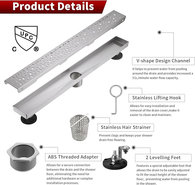 Sharp-tec 32 inch Linear Shower Drain, Brushed Rectangular Floor Drain, V-Shape Design Drain Channel, 304 Stainless Steel, cUPC Certificated for Bathroom Shower Room (Drain Base is Not Included)