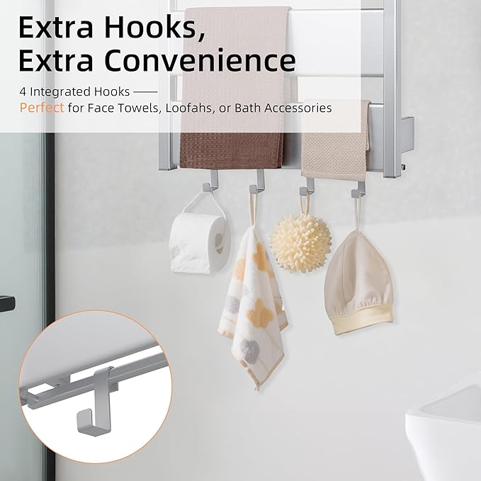K&KALONZO Towel Warmer for Bathroom,Wall-Mounted Heated Towel Rack with Built-in Timer,Waterproof Alumnimum Electric Towel Heater, Support Plug-in and Hardwired, Sliver,H4-S