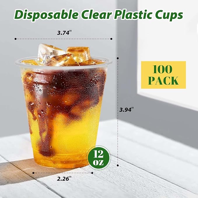 12 oz Clear Plastic Cups, 300 Count Disposable Coffee Cups No Lids, 12 Ounce Cold Plastic Party Cup Bulk, PET Clear Cup for Iced Coffee, Smoothie, Cold Beverage