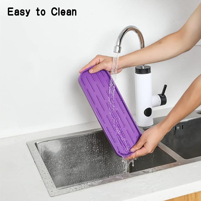 Silicone Kitchen Sink Organizer Tray for Multiple Usage,Eco-Friendly Sponges Holder for Kitchen Bathroom Counter or Sink,Dish Soap Dispenser,Scrubber,Bottle,Cup (Purple, 12"×4")