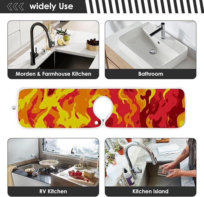 2 PCS Kitchen Sink Splash Guard 23.6 Inch Faucet Mat for Kitchen Sink Bathroom Sink Faucet Absorbing Drip Drain Mat Pad Microfiber Soft Washable Red and Yellow Flame