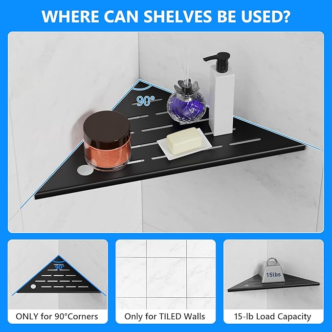 10" Corner Shower Shelf, 304 Stainless Steel Shower Caddy with Razor Hole, Shower Shelf for Inside Shower, Modern Sturdy Shelves for Tile Walls, Bathroom Shelves (Black)