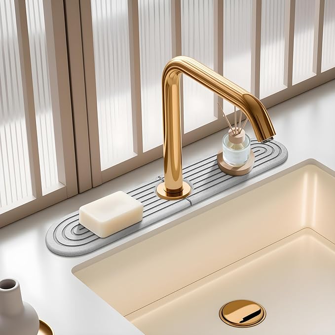 Light Gray-Oval 15.7"Diatomite Kitchen Faucet Mat Stone Sink Tray-Quick Drying Super Absorbent Splash Guard for Kitchen Bathroom Sink | Countertop Protector with Multiple Sizes Colors Styles