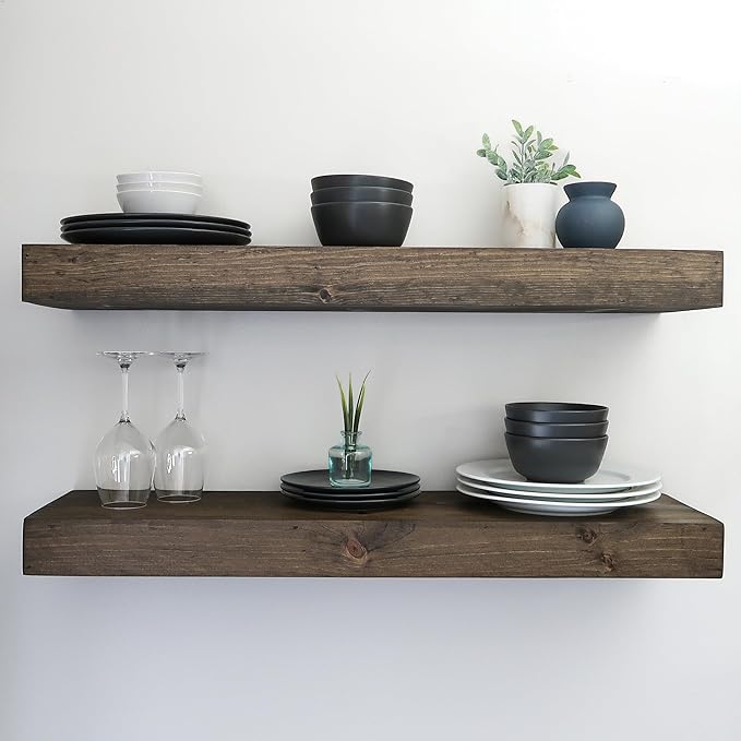 Urbandi Modern Floating Shelves 3 Inches Thick for Wall, Wide Shelves for Kitchen, Living Room, Bedroom, and Bathroom, Natural Pine Wood, Rustic Wooden Shelf, (Set of 2) (Jacobean, 48Lx3Hx6D)