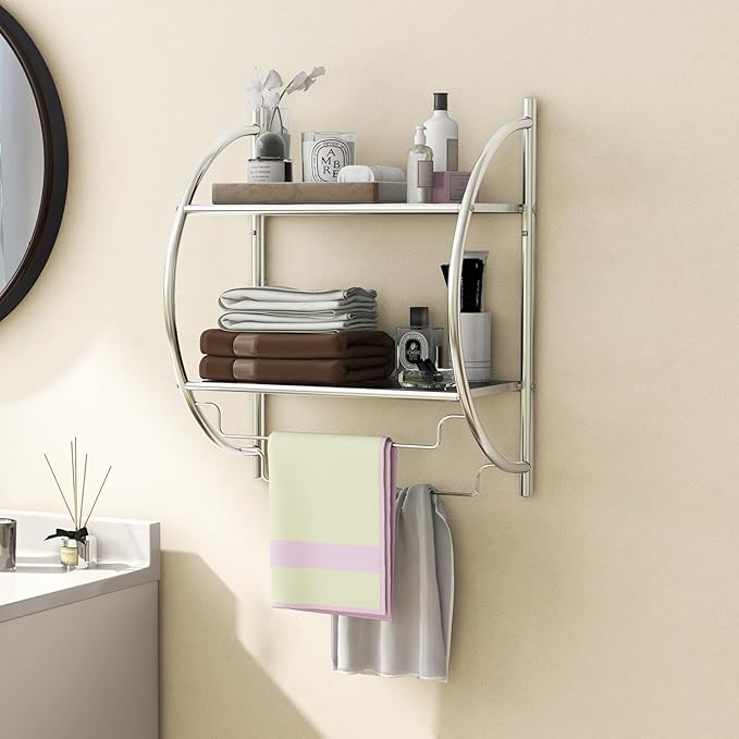 GOFLAME Wall Mounted Bathroom Shelf Set of 2, 2-Tier Chrome Towel Rack with Leaky Design Shelves, Towel Bars, Chrome Bathroom Shelf for Living Room Kitchen Bathroom, Silver