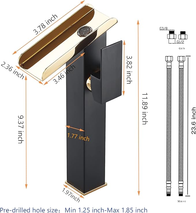 Bathroom Vessel Sink Faucet LED Light Black Gold,Hydropower LED 3 Colors Changing Waterfall Spout, Hot and Cold Water Mixer, Single Handle Single Hole Commercial Residential Bathroom Tap Faucet
