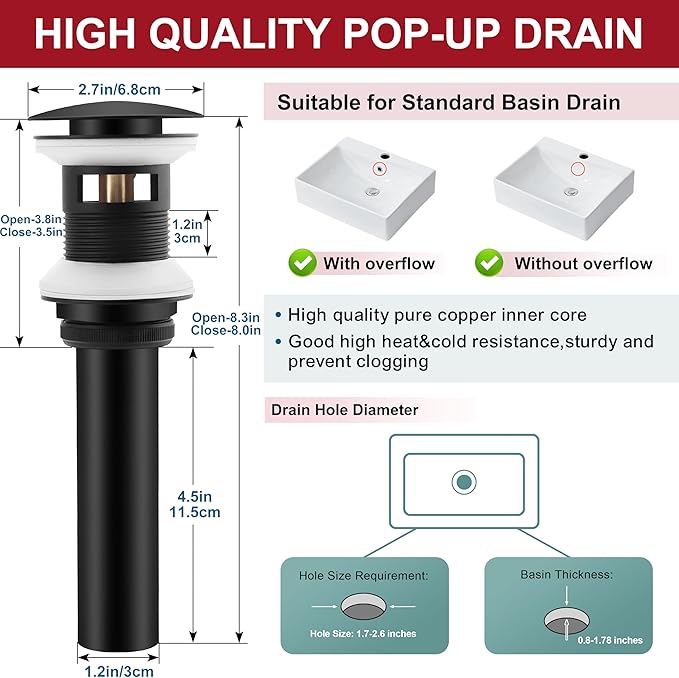 Matte Black Bathroom Faucet 3 Hole, Homikit 18/10 Stainless Steel Single Handle Waterfall Bathroom Sink Faucets Set for Sink 1 or 3 Hole for RV Vanity with Drain, Hooks, Deck Plate, Hoses