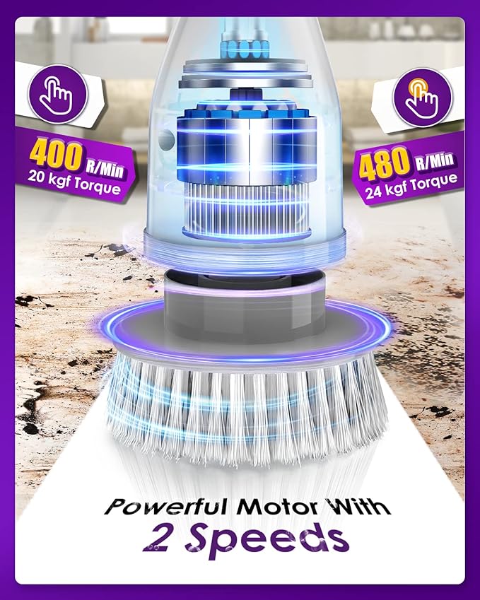 Electric Spin Scrubber, Cordless Shower Spin Scrubber with 7 Replacement Brush Heads & Adjustable Extension Arm, 2H Bathroom Scrubber Dual Speed, Power Spin Scrubber for Bathroom Car Floor Grout Sink