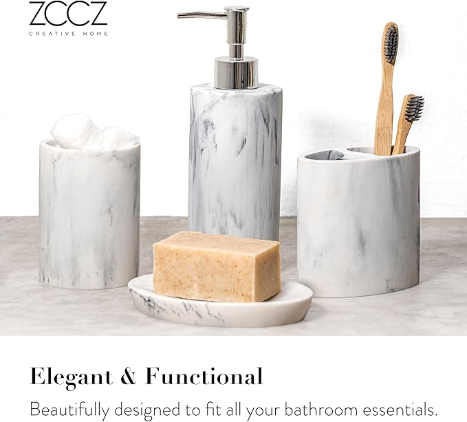 ZCCZ Bathroom Accessory Set, 4 Pcs Marble Look Bathroom Vanity Countertop Bathroom Décor Sets Accessories with Soap Dispenser, Toothbrush Holder Set, Tumbler, Soap Dish