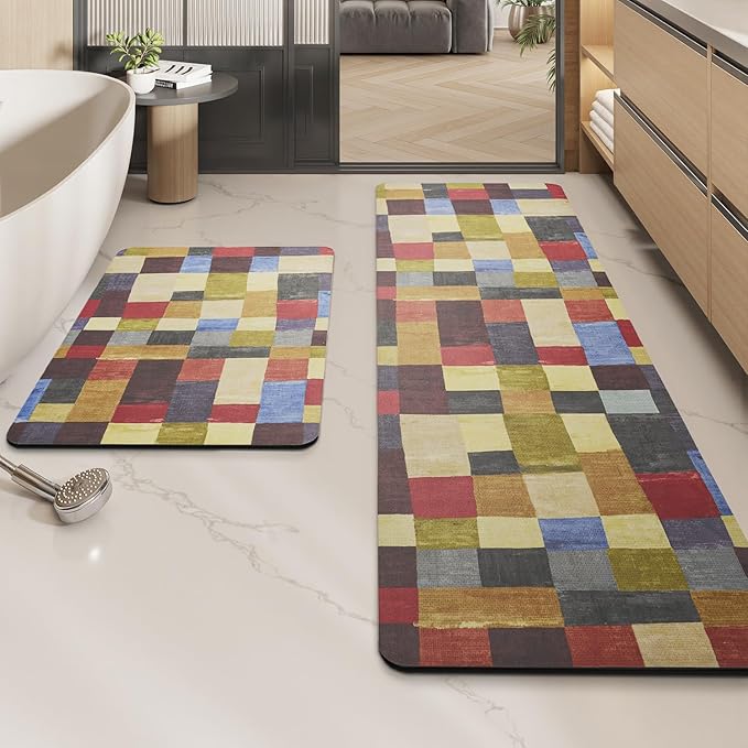 MontVoo -Bath Mat-Non Slip Thin Bathroom Rugs Fit Under Door- Quick Dry Absorbent Faux Suede Surface Grey Bathroom Floor Mats-Shower Rug for in Front of Bathtub Shower Retro Colors Plaid 16x24