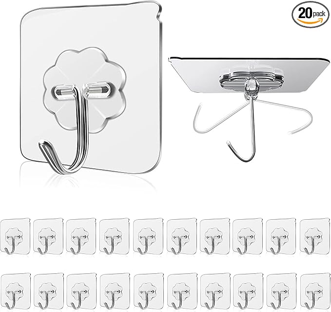 Wall Hooks - 33 lbs Max, Transparent, Seamless, Waterproof & Oilproof - Heavy Duty Adhesive Coat & Towel Hooks(20 Pack)
