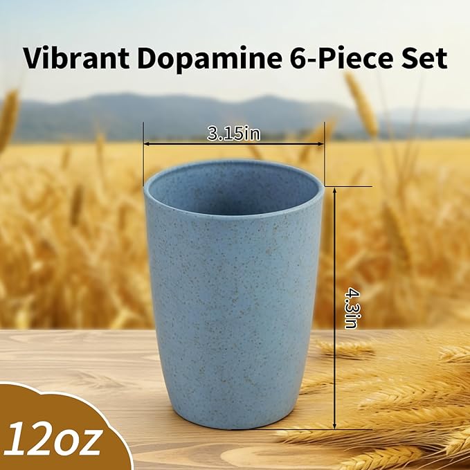 12oz Wheat Straw Cups, 6-Pack - Thickened Reusable & Microwave Safe, Dishwasher Friendly Eco-Cups for Home & Kitchen
