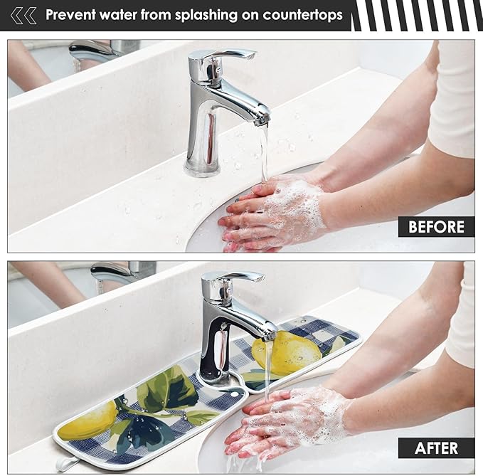 Sink Faucet Absorbing Mat Kitchen Sink Splash Guard Splash Faucet Drip Catcher for Bar RV Bathroom 2PCS 23.6x5.5in Blue and White Gingham Summer Lemons
