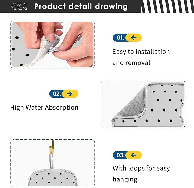 2 PCS Kitchen Sink Splash Guard 14.9 Inch Faucet Mat for Kitchen Sink Bathroom Sink Faucet Absorbing Drip Drain Mat Pad Microfiber Soft Washable Black and White Polka Dot
