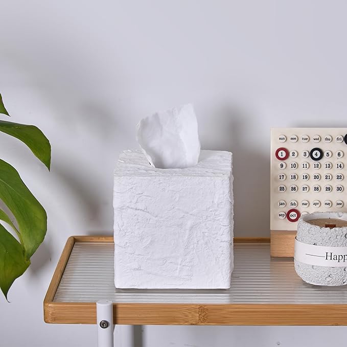 Natural Rock Textures Tissue Box Cover Square for Home Decor, Wild Raw Rocks Resin Heavy Cube Tissue Box Holder for Bathroom Countertop, Tabletop, Night Stand, Office Desk (White)