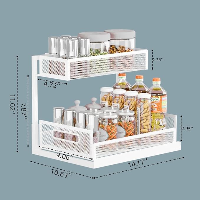 Undersink Organizers 2-Tier Under Cabinet Pull Out Storage with Sliding Out Drawers, Under the Sink Organizer for Bathroom Kitchen Durable Rack Shelf Space-Saving Organization, White 1 Pack