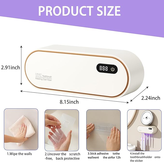 Toothbrush Holders for Bathrooms,Electric Toothbrush Holder with 24-Hour Smart Cycle Cleaning and hot air Drying, LED Display, Rechargeable Wall Mounted Tooth Brushing Holder (White)