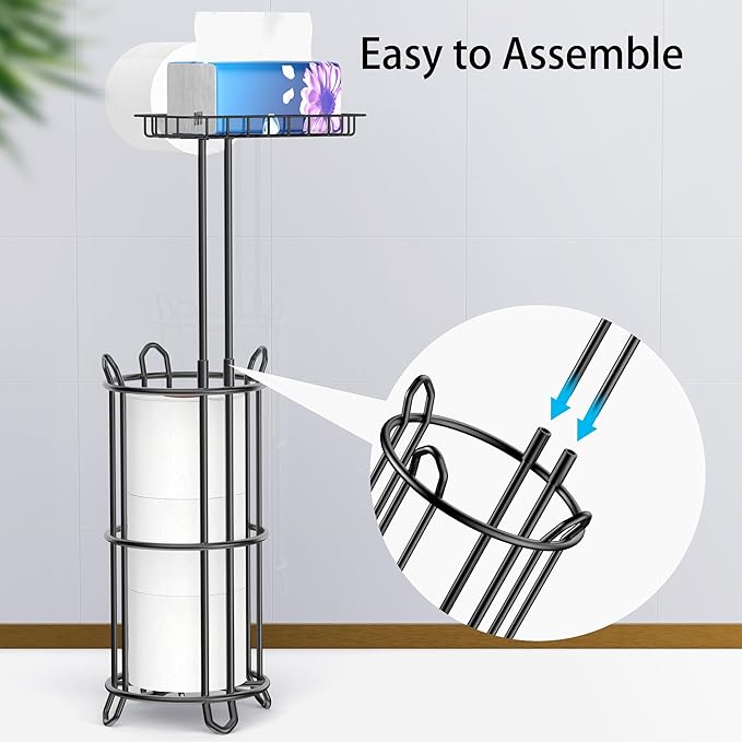 Meangood Toilet Paper Holder Stand with Shelf, Dispenser for 4 Mega Rolls, Bathroom Free Standing Tissue Roll Storage Holder Rack, Metal Wire Black