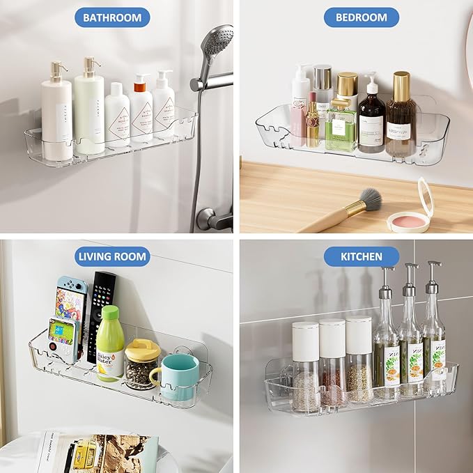 2 Pack Acrylic Shower Shelves, Adhesive Shower Organizer Wall Mounted Shower Caddy Bathroom Organizers and Storage No Drilling, Quick-Dry, Easy to Clean and Install, Clear