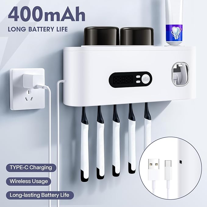 Toothbrush Holders Cleaner & Dryer for Bathroom,LXIANGN Smart Wall Mounted Toothbrush Holders with Countdown LED Screen,5 Toothbrush Slots,2 Cups and Toothpaste Dispenser (White)
