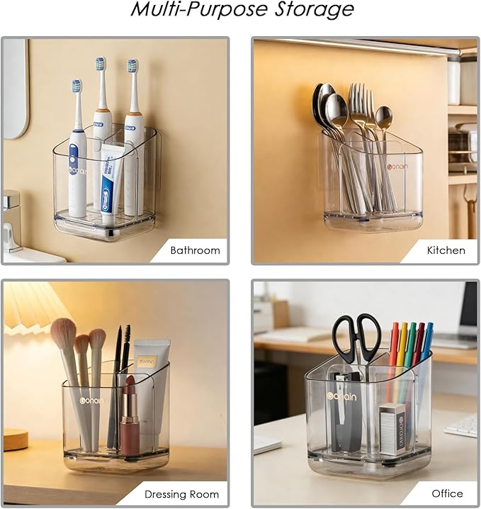 Toothbrush Holders for Bathroom - Detachable Divided Design, Drawer Drainage Tray, Adhesive Wall-Mounted/Countertop Dual-Use, Large Capacity Organizer for Bathroom/Kitchen/Office, Easy Install (Clear)