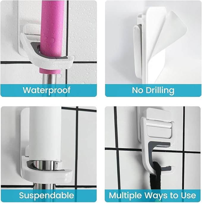 Broom Holder Wall Mount, 4 Pack Broom and Mop Organizer Wall Hanging Self Adhesive, No Drilling, Anti-Slip Broom and Mop Hanger Wall Mount Cleaning Ideal for Bathroom, Kitchen, Garden, Garage