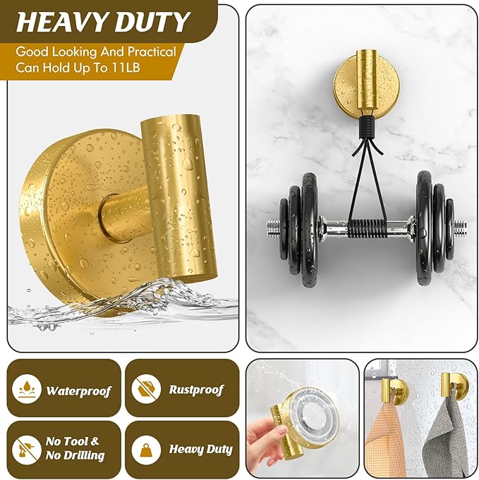 Suction Cup Hooks for Shower,Heavy Duty Shower Towel Suction Hooks,No Drill Wall Mounted Towel Hooks for Bathrooms Wall,Kitchen,Glass,Mirror,Tile to Hang Towels,Robes,Coat-Gold(2 Pack)