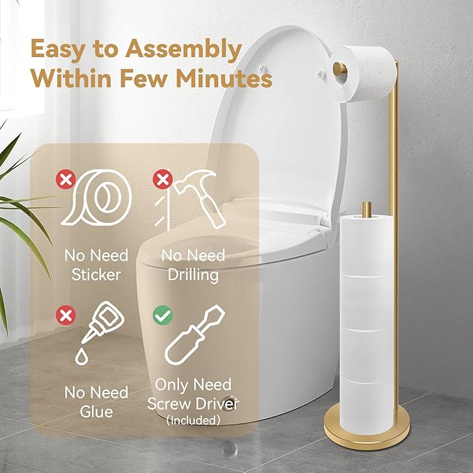 RRM Toilet Paper Holder Stand, Bathroom Free Standing Toilet Paper Holder with Reserve Storage 3-4 Toilet Paper Rolls, Double Rod 26.4-inch Stainless Steel Toilet Paper Storage (Golden)