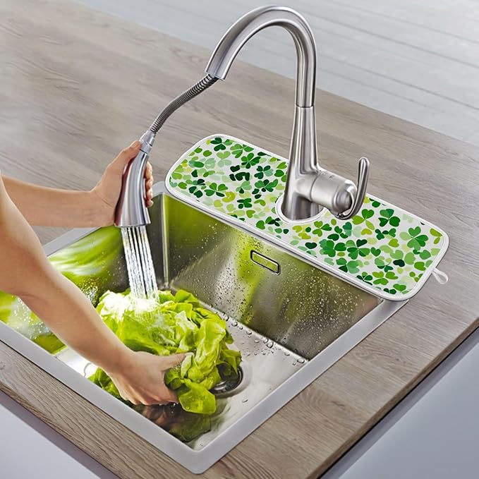 2 PCS Kitchen Sink Splash Guard 23.6 Inch Faucet Mat for Kitchen Sink Bathroom Sink Faucet Absorbing Drip Drain Mat Pad Microfiber Soft Washable Green St Patrick Clovers
