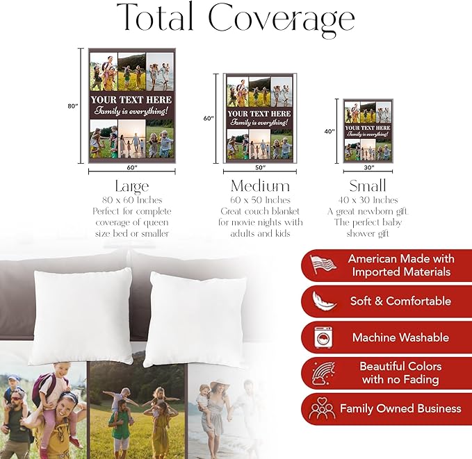 Ships Next Day, Custom Blanket with Picture and Text - Printed in USA, Personalized Photo Blanket with Text (Fleece 96x120)