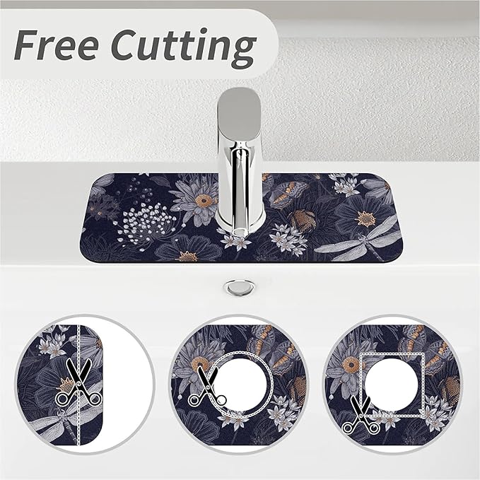 Kitchen Sink Splash Guard，butterflies dragonflies Faucet Mat Sink Gadgets-Super Absorbent Fast Drying Mat Drip Catcher for Kitchen, Bathroom,Sink Mat, Dish Drying Mat, Bathroom(15" X 5.5" )