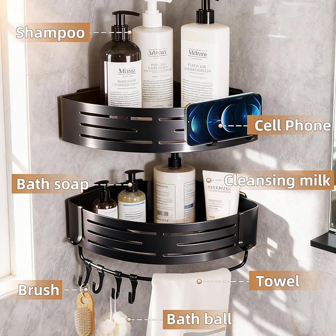 Adhesive Shower Caddy,2 Pack Corner Shower Caddies,Aluminum Shower Shelves,Bathroom Organizer No Drilling Shower Shelves for Bath, Kitchen, Home Storage(Black)