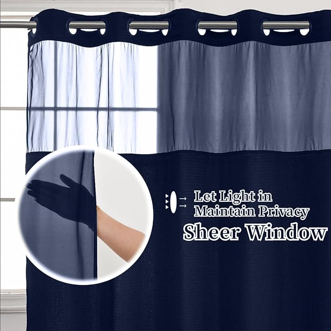No Hooks Required Waffle Weave Shower Curtain with Snap in Liner-Hotel Grade Waterproof & Mesh Top Window Spa Like Bath Curtain Machine Washable Heavy Duty 71Wx74L(Navy Blue)