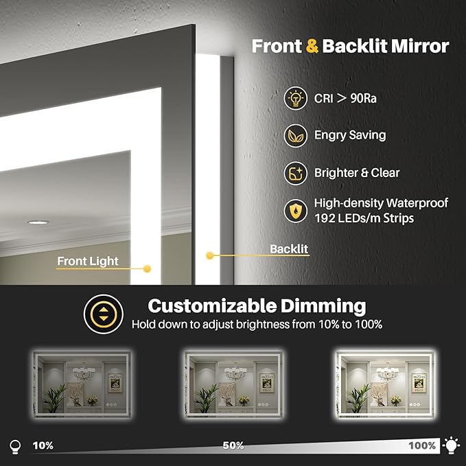 60x40 Inch LED Bathroom Mirror with Lights, Backlit & Front Lit, Anti-Fog Lighted Bathroom Vanity Mirror for Wall, Memory Function, Dimmable, HD Tempered Glass, Shatter-Proof