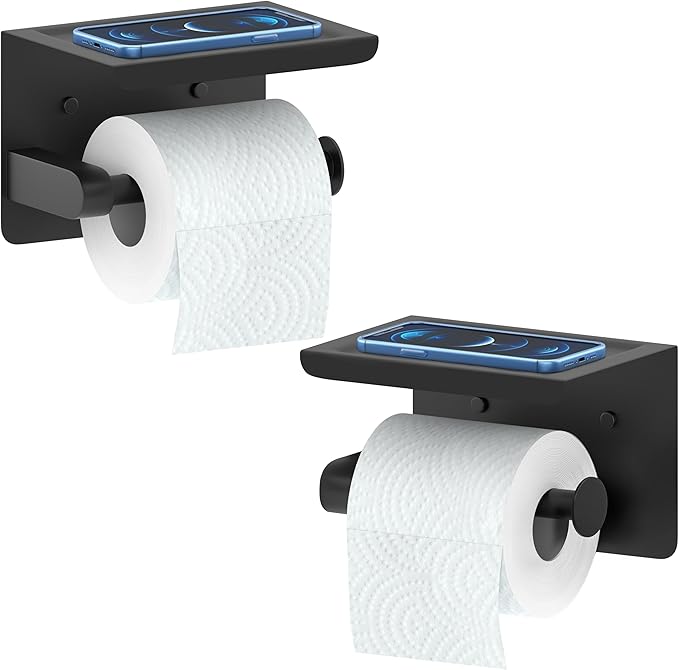 Matte Black Toilet Paper Holder with Shelf, SUS304 Stainless Steel Wall Mounted, Dual Installation Adhesive or Screw, Rustproof Modern Bathroom Tissue Roll Holder - 2 Pack