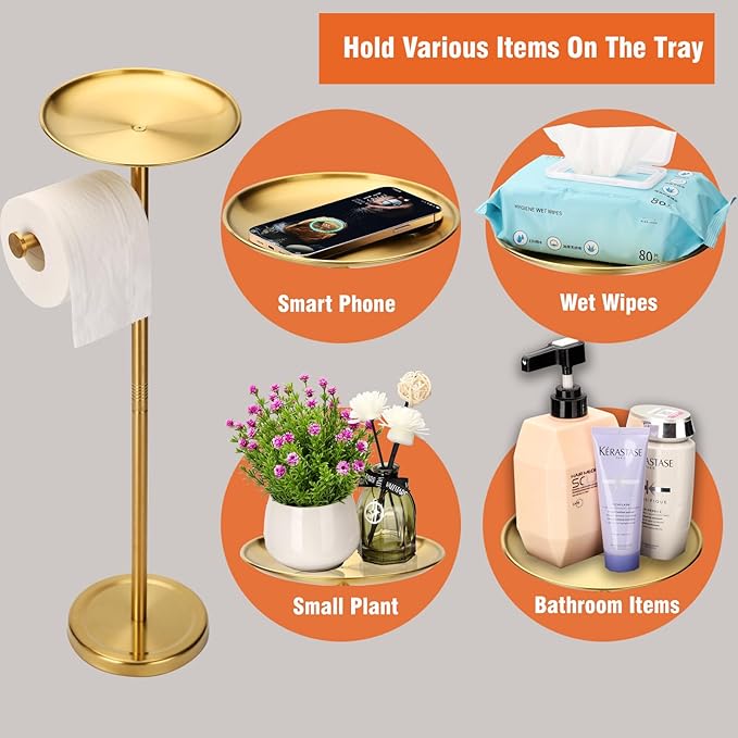 Tofix Freestanding Toilet Paper Holder with Shelf and Tray, Stainless Steel Base, Gold