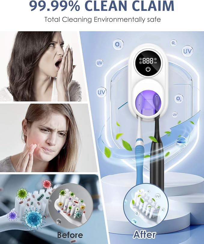 Toothbrush Sanitizer Holder, Upgraded UV Toothbrush Holder with Dual-Mode Clean & Fan Dry, LED Smart Screen, Auto-Inductive Cover, Toothbrush Wall Mounted Cleaner Organizer for Bathroom, Trip