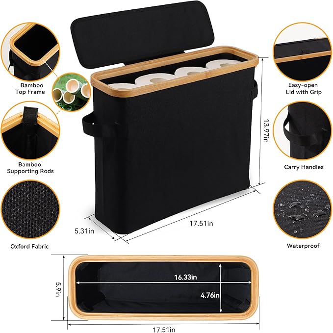 Toilet Paper Storage Basket with Lid, Bamboo Toilet Paper Storage Holder Stand Organizer for Bathroom, Toilet Paper Storage Box Container with Handle, Tissue Storage Bin for Small Place Closet, Black