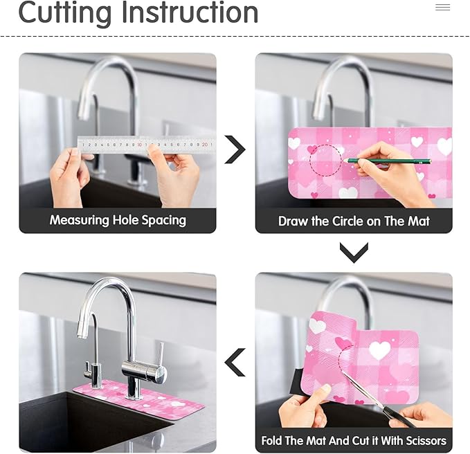 Kitchen Sink Splash Guard 2 PCS 14.7 Inch Sink Faucet Mat Splash Guard for Bathroom Countertop Water Absorbent Foldable Cuttable Soft Washable Plaid Checkered Pink White Hearts Dots