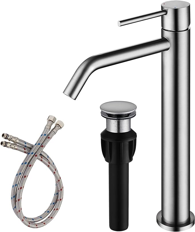 Vessel Sink Faucet Brushed Nickel, JXMMP Bathroom Sink Faucets Without Overflow Pop Up Drain and Water Faucet Supply Lines, Stainless Steel SpotShield Bathroom Faucet for Sink 1 Hole, JXM1001BN