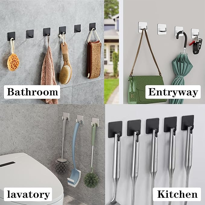 Bath Towel Hooks - 4 Pack Strong Self Adhesive Coat/Clothes Hooks, No Drilling Sticky Hooks, Heavy Duty 304 Stainless Steel Shower Wall Hook for Bathroom Kitchen Bedroom(Brushed Nickel)
