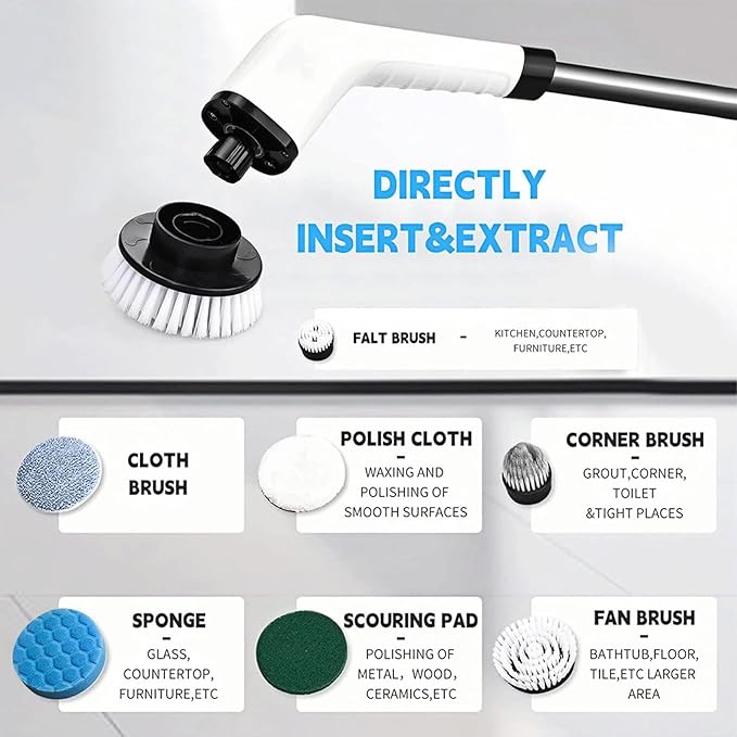 Floor Tile Toilet Brush Long Handle Bathroom Brush Cordless Electric Cleaning Brush with 8 Replaceable Brush Heads for Home ()