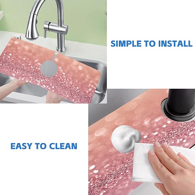 Abstract Pink Glitter Diamond Sink Faucet Absorbing Mat Sink Splash Guard Faucet Mat Draining Mat Fast Drying Sink Protectors for Kitchen and Bathroom 5.5"×15"