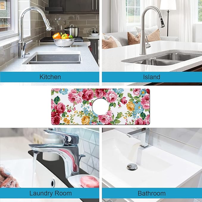 Kitchen Sink Splash Guard Faucet Mat Super Absorbent Fast Drying Mat Sink Gadgets Splash Guard Behind Faucet Drip Catcher for Kitchen (Pink Red Roses Floral, 15x5.5in)