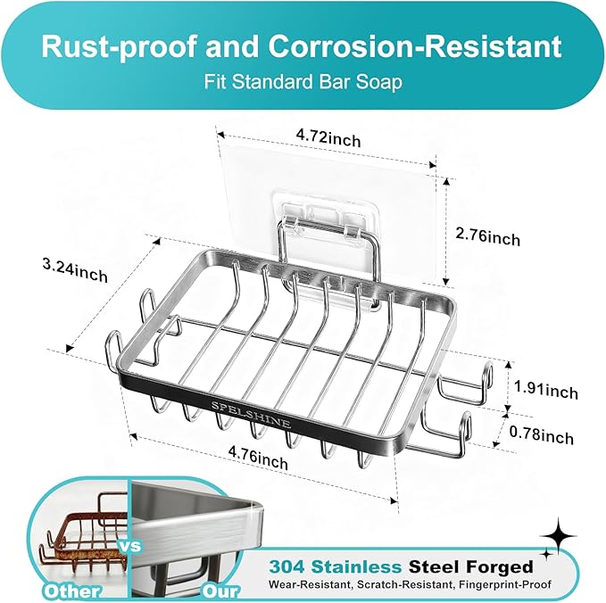 Soap Dish for Showr - 304 Stainless Steel Bathtub Tray Suction Cup Square Shower Soap Holder - A Must-Have for Comfortable Apartment, Home and Dormitory Bath Laundry Kitchens