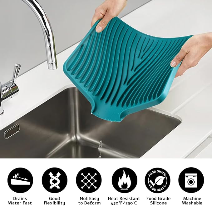 Silicone Dish Drying Mat, Stone Drying Mat for Kitchen Counter with Built-in Drain, Non-Slip 16" X 12" Drying Matt Kitchen Counter and Grey Microfiber Cleaning Cloth, Cleaning Rags Set(Green)