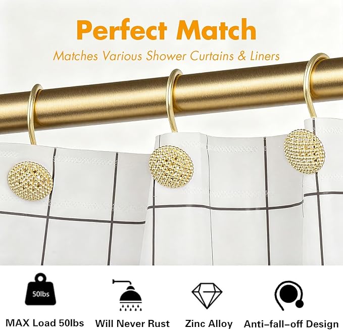 Pearlbee Gold Shower Curtain Hooks, Rustproof Shower Curtain Rings for Bathroom, Metal Shower Hooks for Shower Curtain Rod, Modern Decorative Shower Curtain Hangers Set of 12, Round Heavy Duty Design